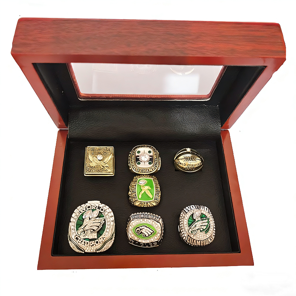 7Pcs Philadelphia Eagles Championship Ring Set,With Wooden Display Box