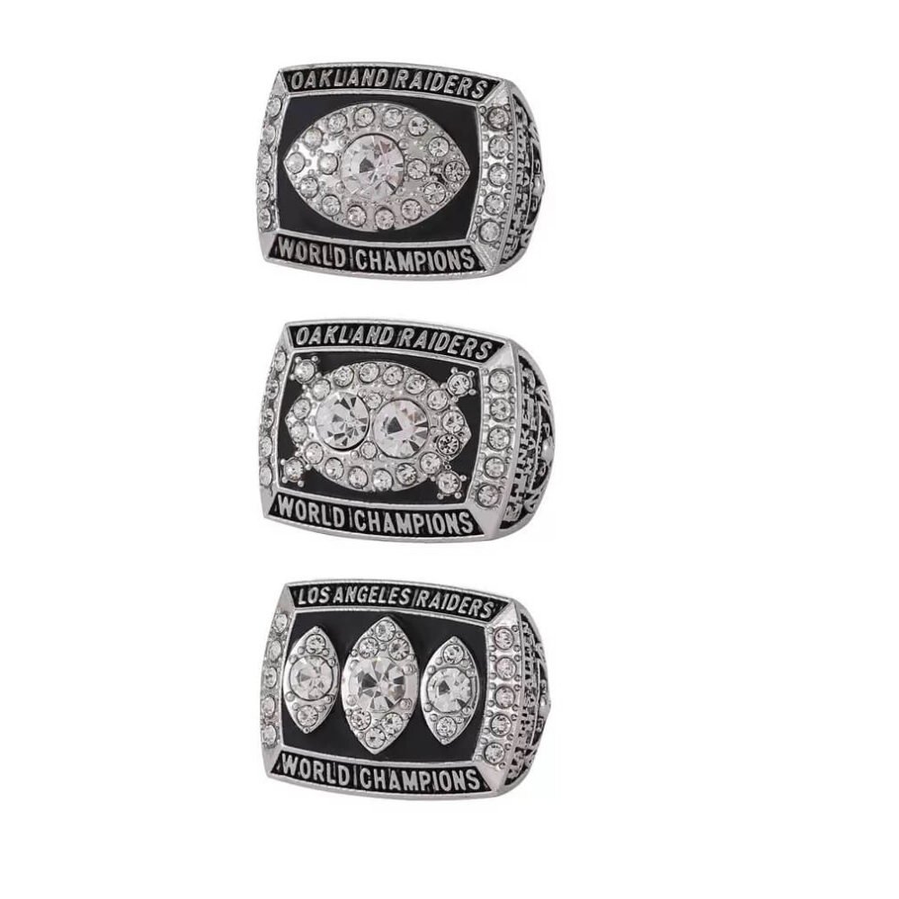 Raiders 1977 1981 1984 Super Bowl Ring Set,With Wooden Display Box