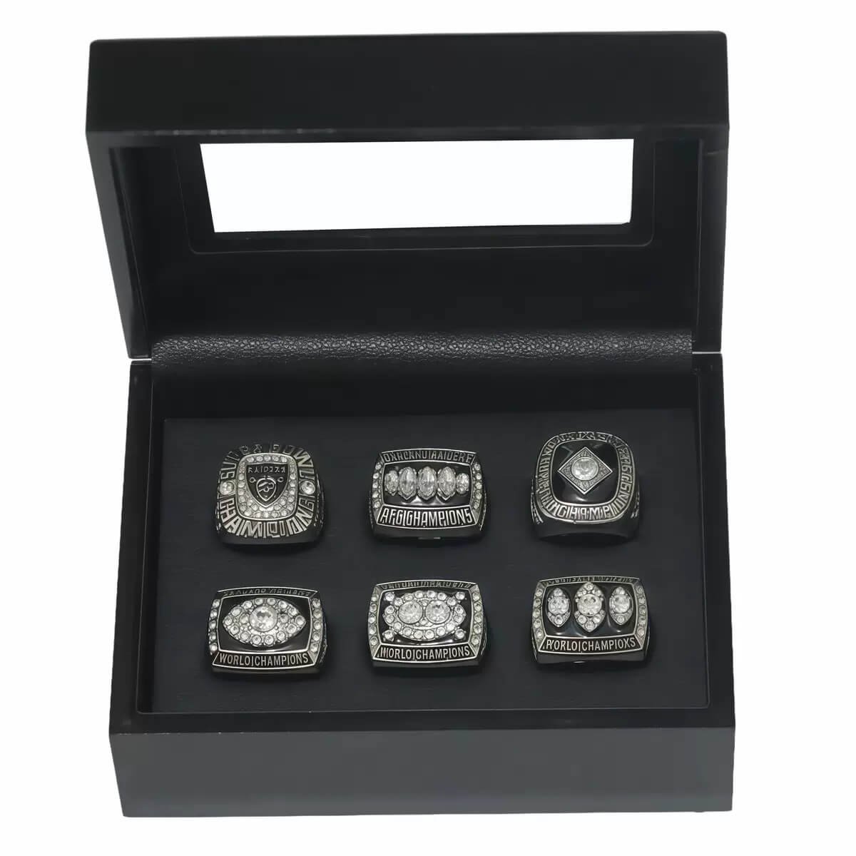 6Pcs Oakland Raiders Championship Rings Set,With Wooden Display Box